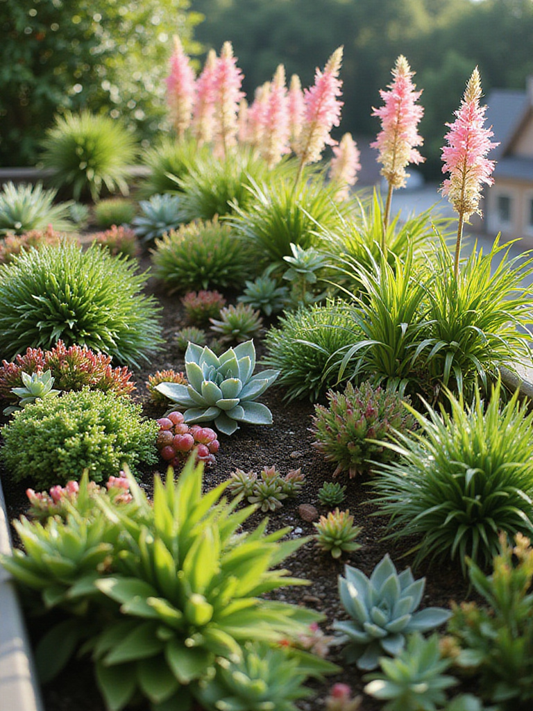 A lush balcony garden with low-maintenance plants like succulents and ornamental grasses under soft morning sunlight.