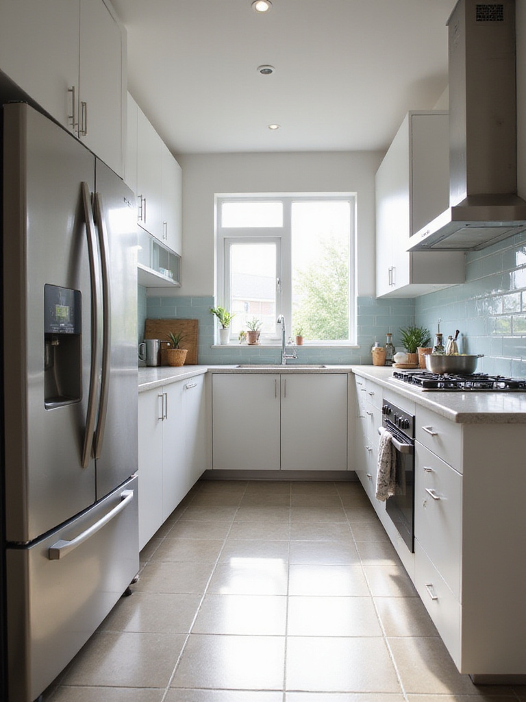 Modern kitchen layout showcasing the work triangle principle with refrigerator, sink, and cooktop.