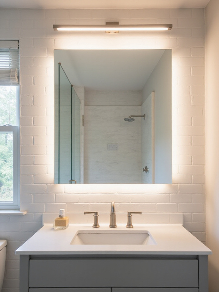 Modern bathroom with sleek lighting above the mirror