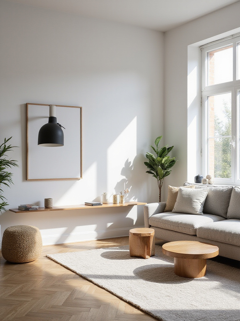 A small living room with smart furniture layouts, featuring a floating sofa and natural light.