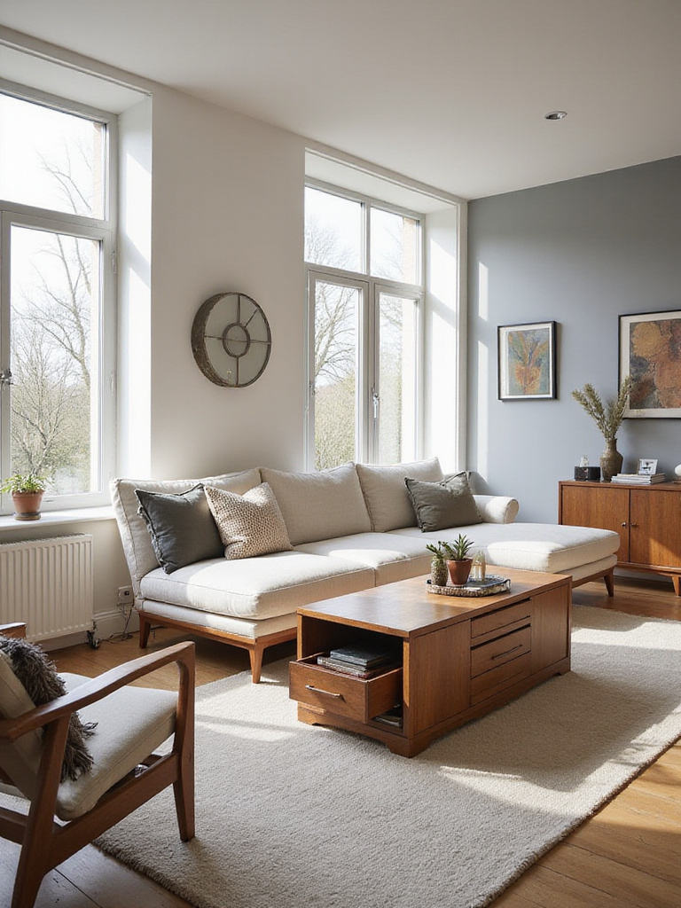 A stylish living room featuring a multifunctional bed and a coffee table with storage.