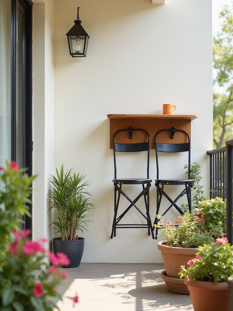 A balcony featuring foldable furniture, including a drop-leaf table and bistro chairs.