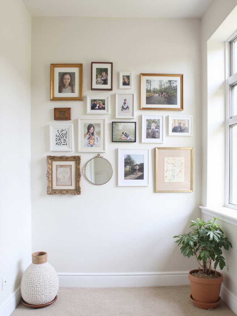 Gallery wall featuring personal photos and art in a stylish apartment setting