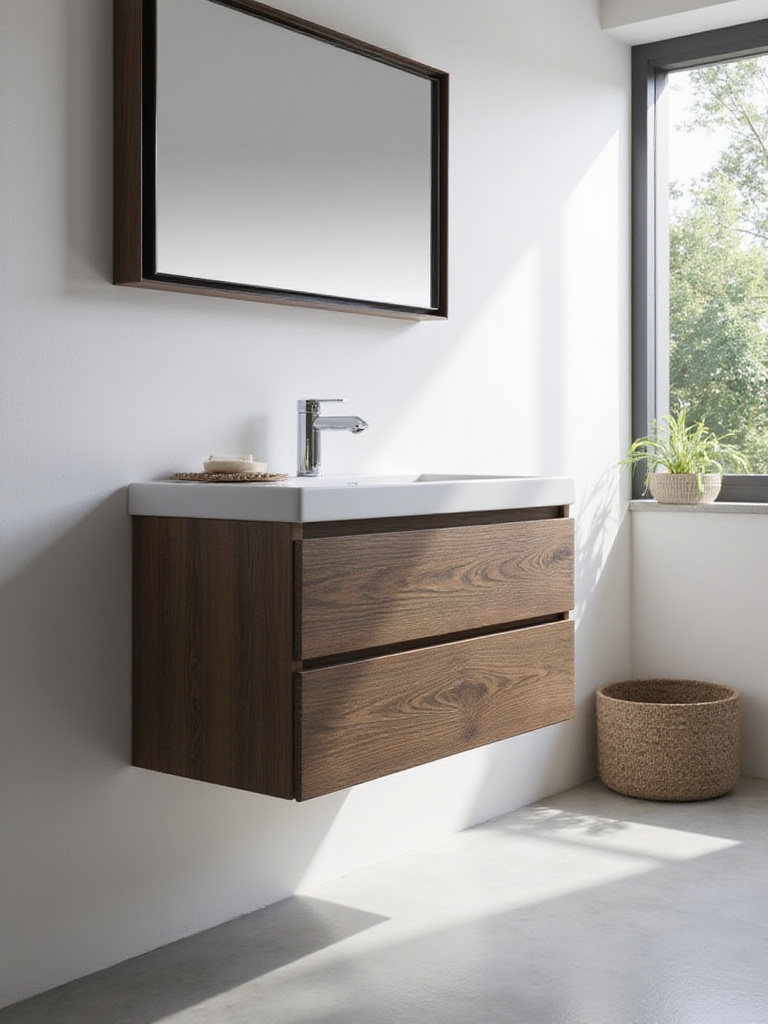 Modern bathroom featuring a wall-mounted floating vanity with a clean design and open floor space.