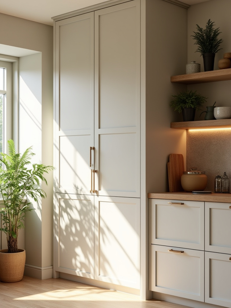 Modern kitchen with tall cabinets and open shelving highlighting vertical space utilization.