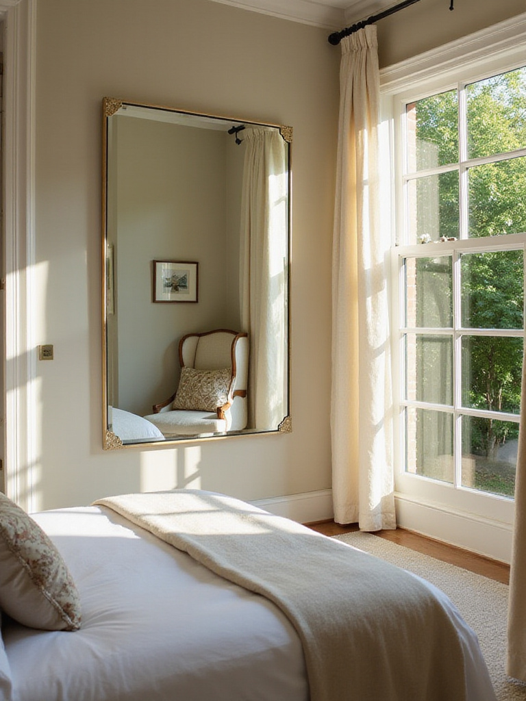 A bright bedroom with a large mirror reflecting natural light and a garden view.