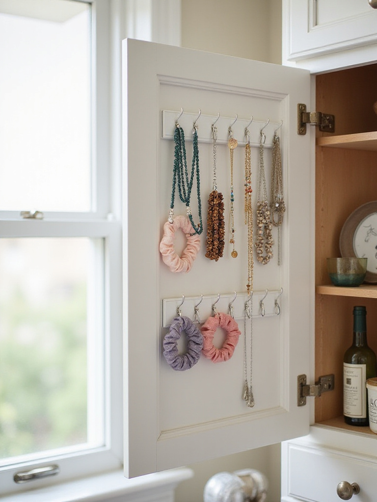 A well-organized bathroom cabinet door with small hooks holding jewelry and hair accessories.