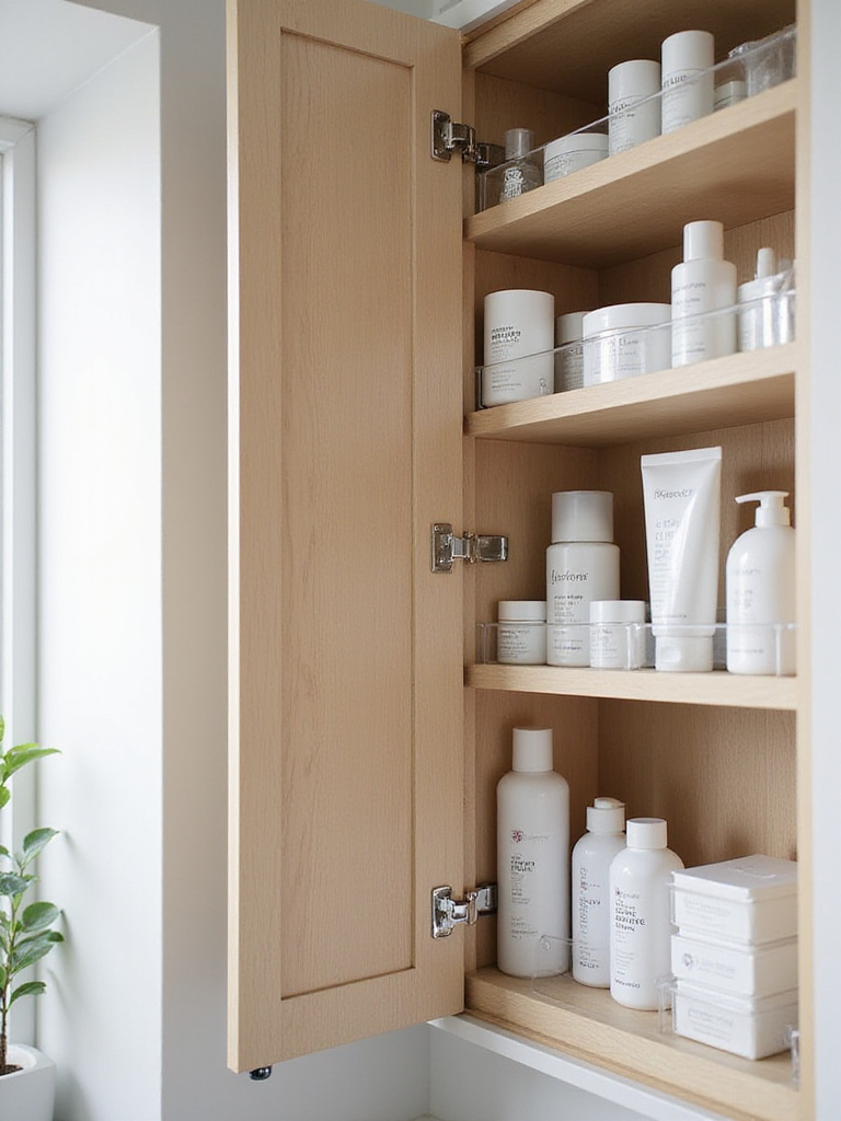 Organized bathroom cabinet with tiered shelf inserts showcasing skincare and cleaning products.