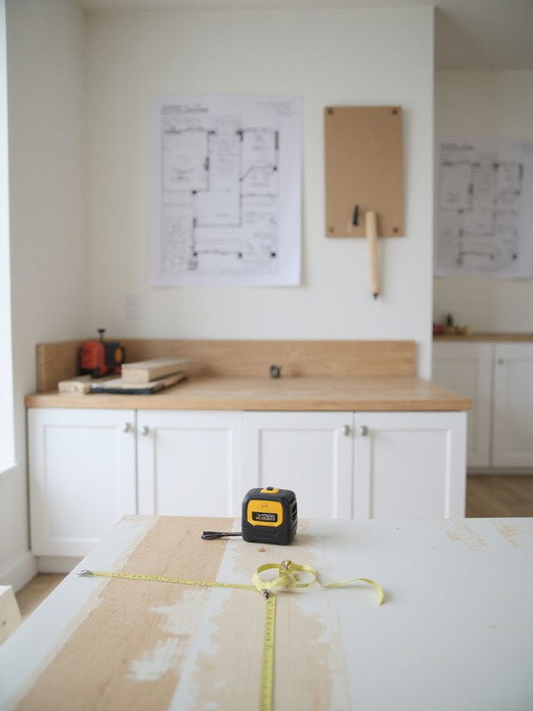 A professional photo showcasing tools and a measuring setup for bathroom cabinet installation.