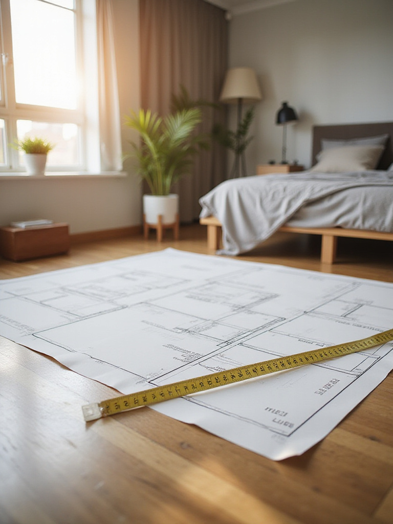 A measuring tape on a floor plan in a well-decorated bedroom.