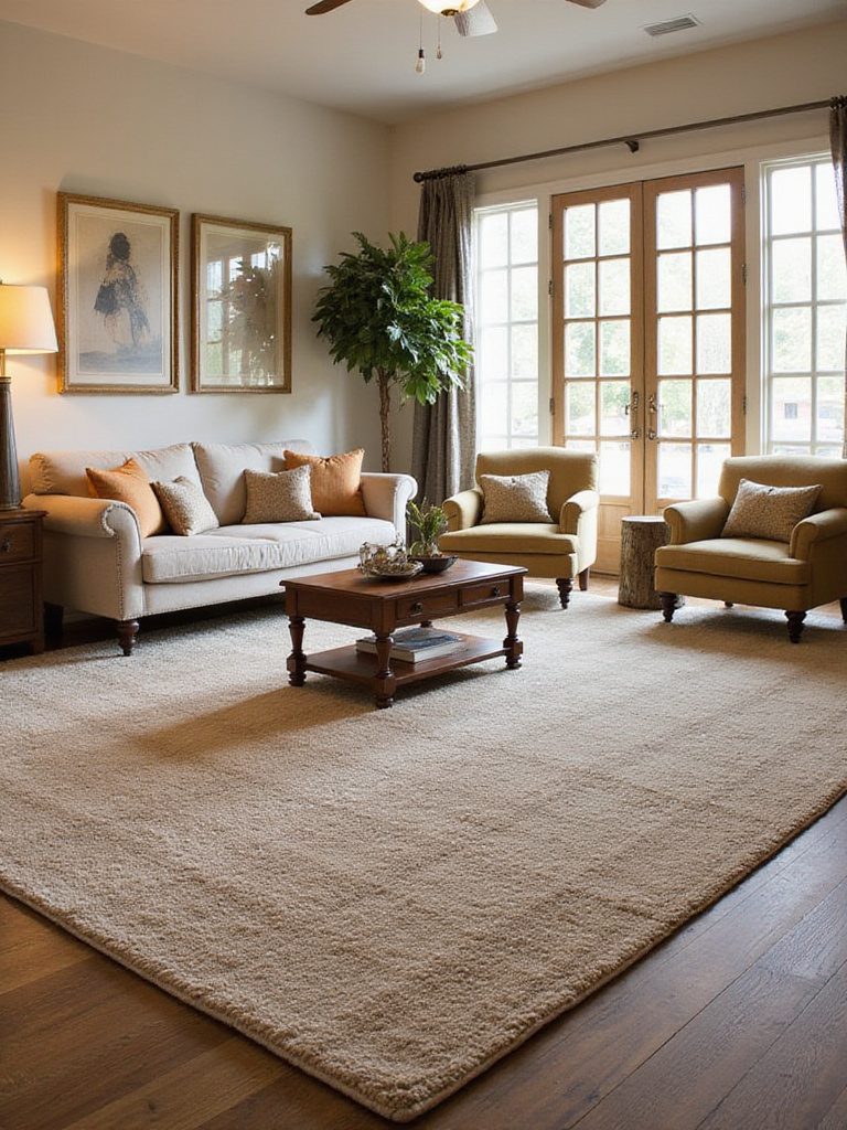 A styled living room showcasing a large area rug that unifies the seating area without people.