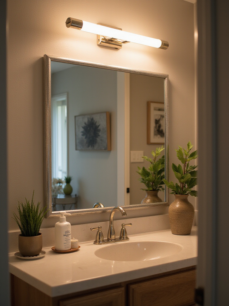 Bathroom with vanity bar light mounted at optimal height above mirror, showcasing balanced illumination.