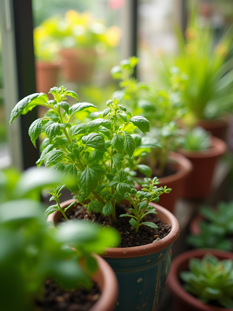 A lush balcony garden showcasing various propagated plants in colorful pots under bright sunlight.