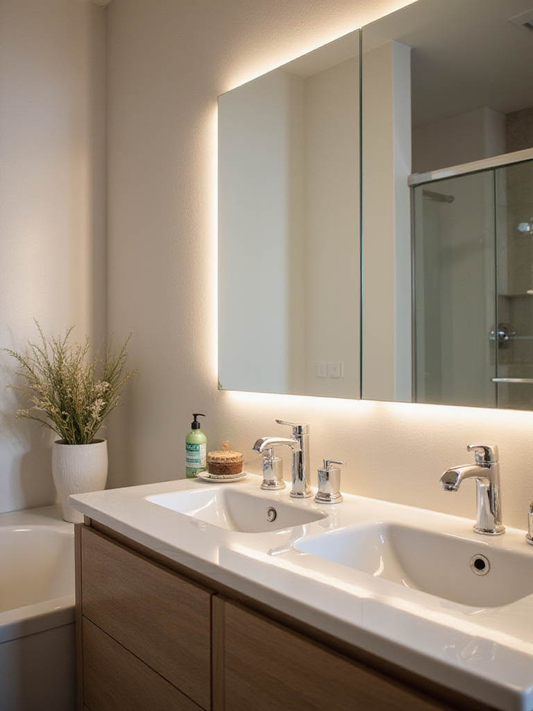 Bright bathroom featuring energy-efficient LED fixtures over the mirror