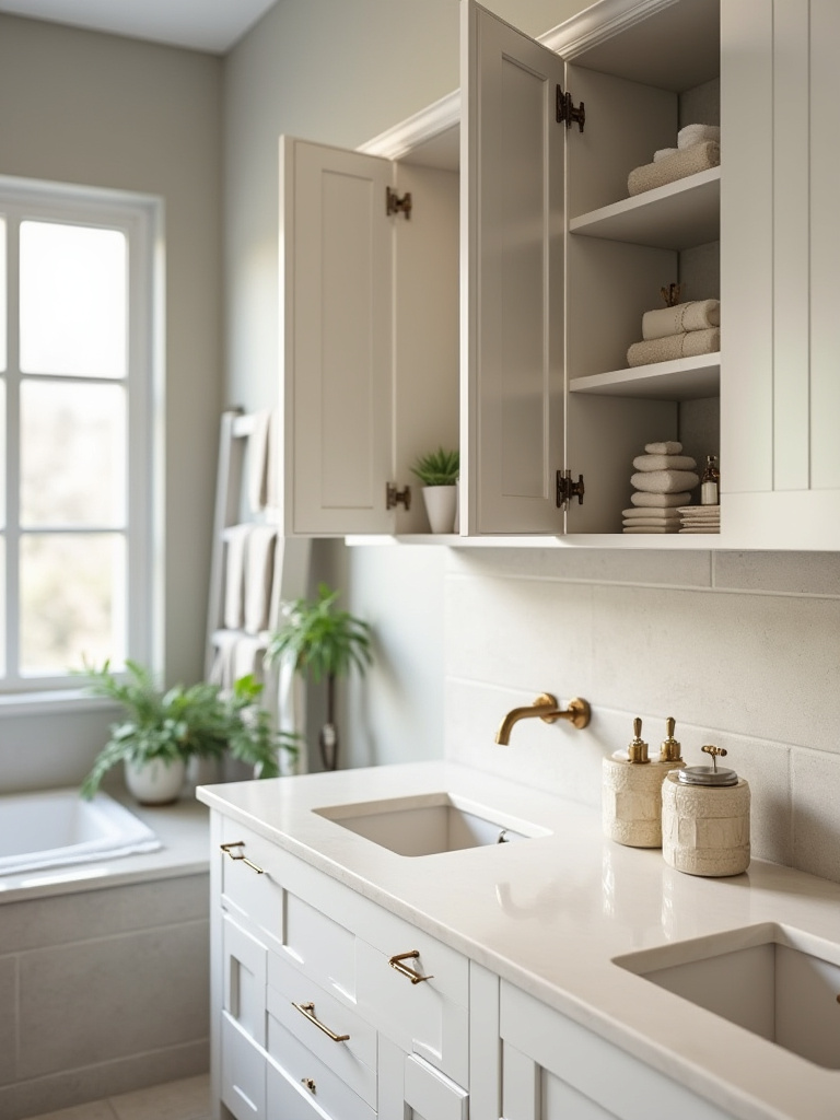 Elegant bathroom featuring surface-mount cabinets with organized essentials.