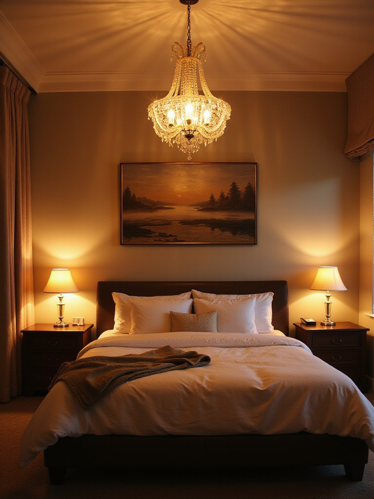 Cozy bedroom with layered lighting effects, including chandelier, bedside lamps, and accent lighting.