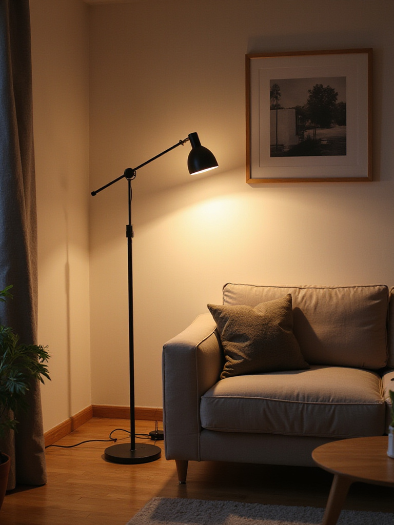 Cozy apartment living room with layered lighting fixtures