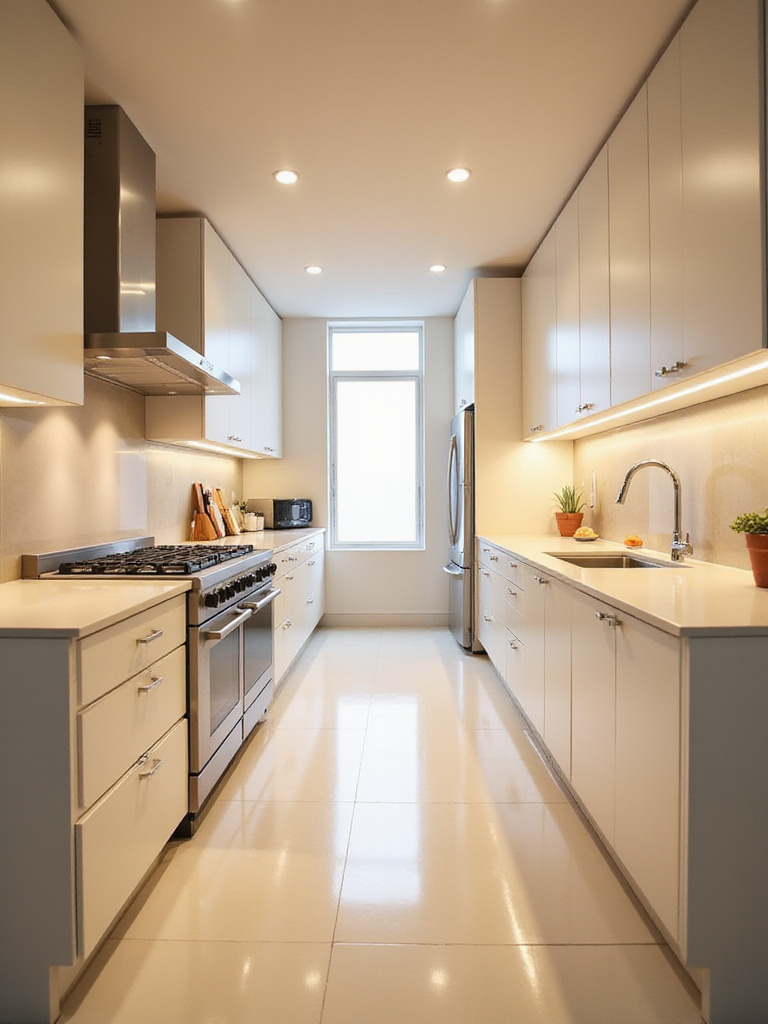 Modern galley kitchen layout with sleek cabinetry and bright lighting