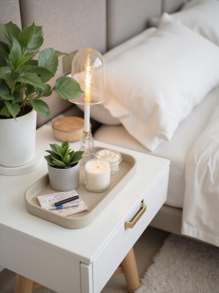 Stylishly optimized nightstand in a serene bedroom setting with warm lighting.