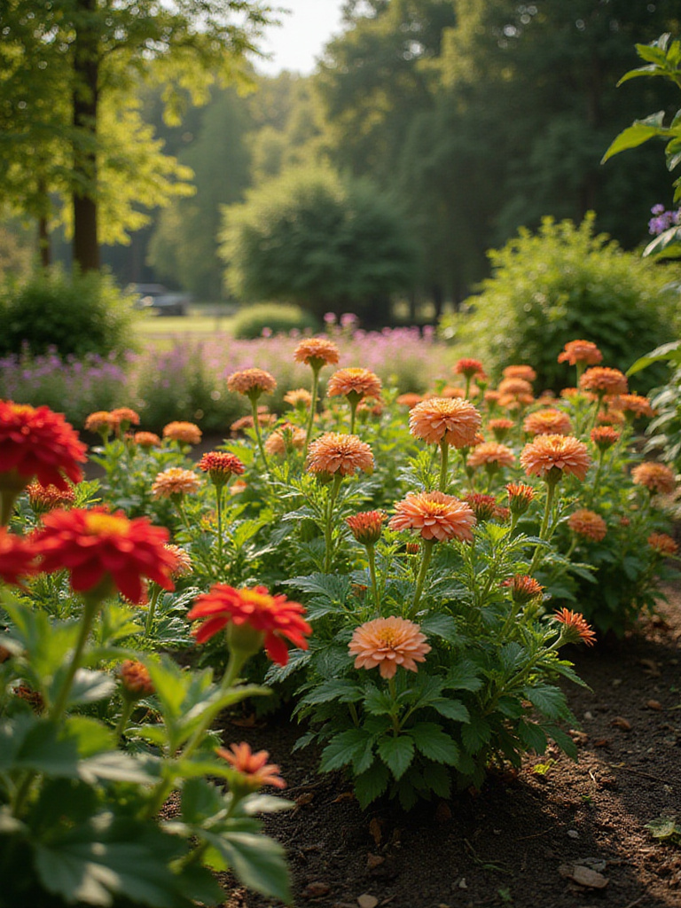 A vibrant flower garden showing proper plant spacing for healthy growth.