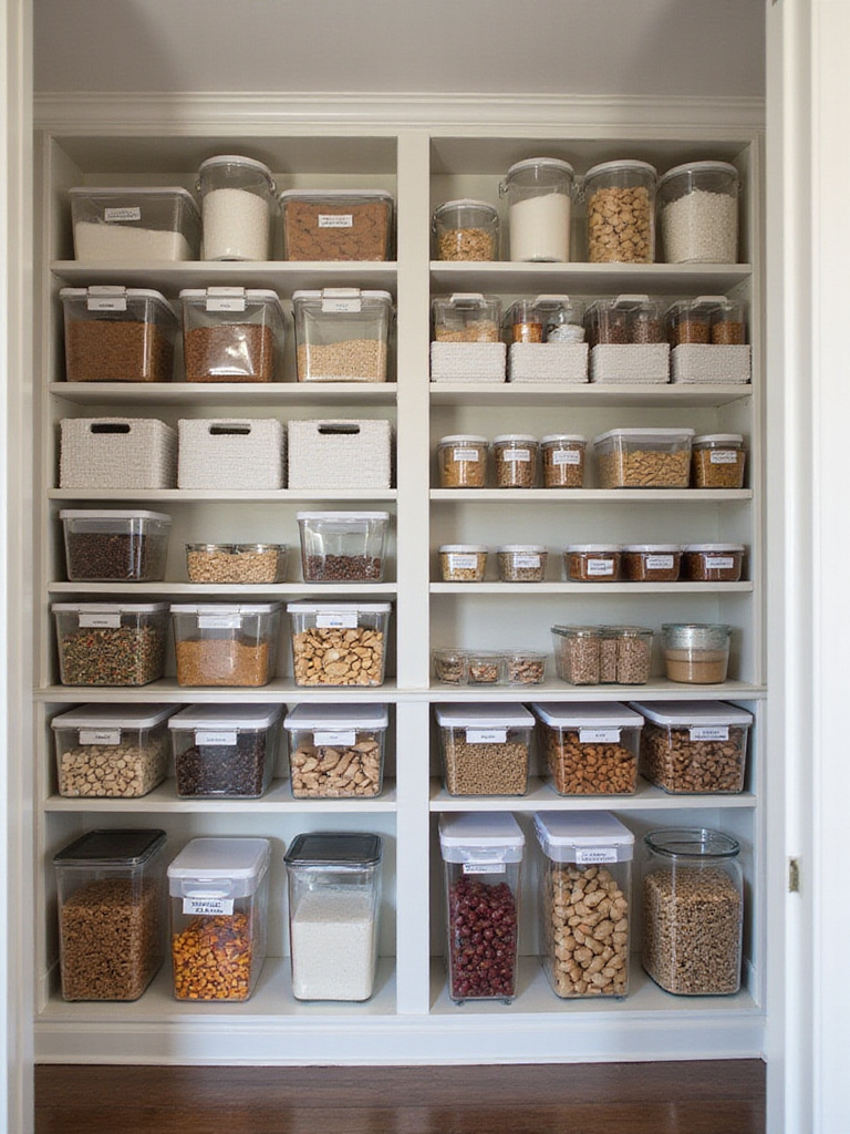 An organized pantry with clear containers and labeled shelves for easy access.