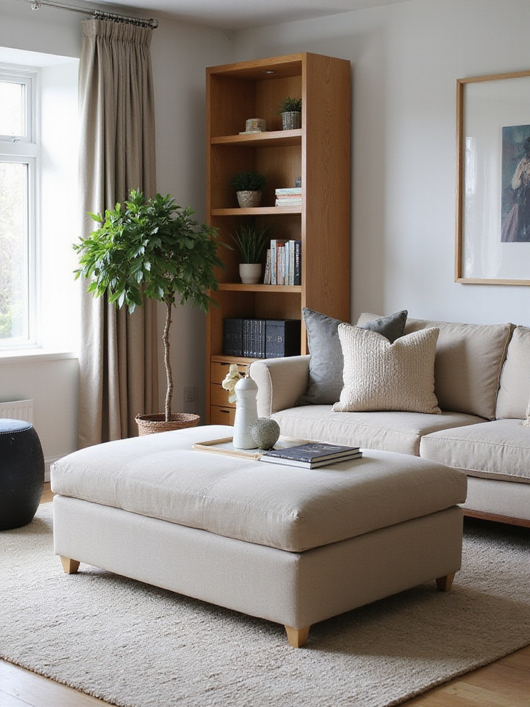 A modern living room with functional storage solutions including a stylish ottoman and tall bookcases.