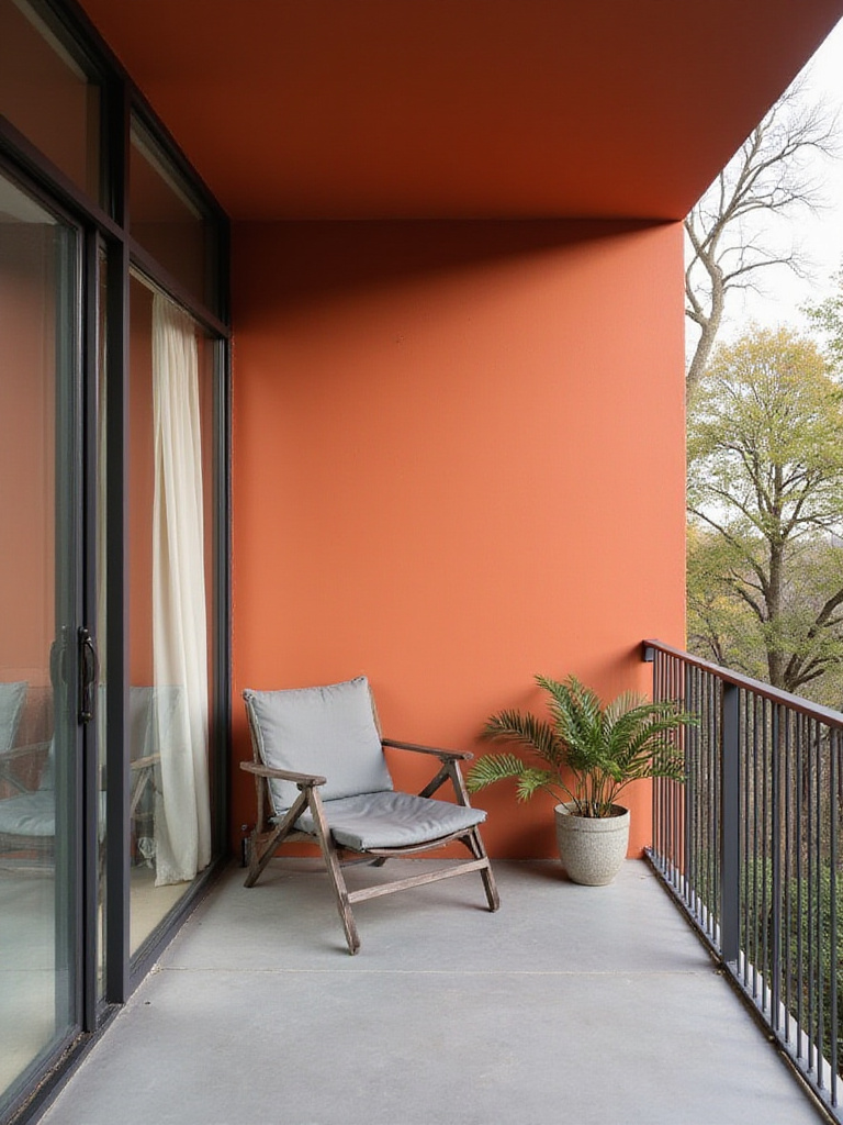 Balcony featuring a vibrant terracotta painted wall with minimalist grey furniture.
