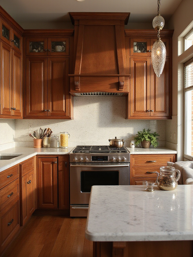A modern kitchen featuring brown wood cabinets and a contrasting light quartz countertop.