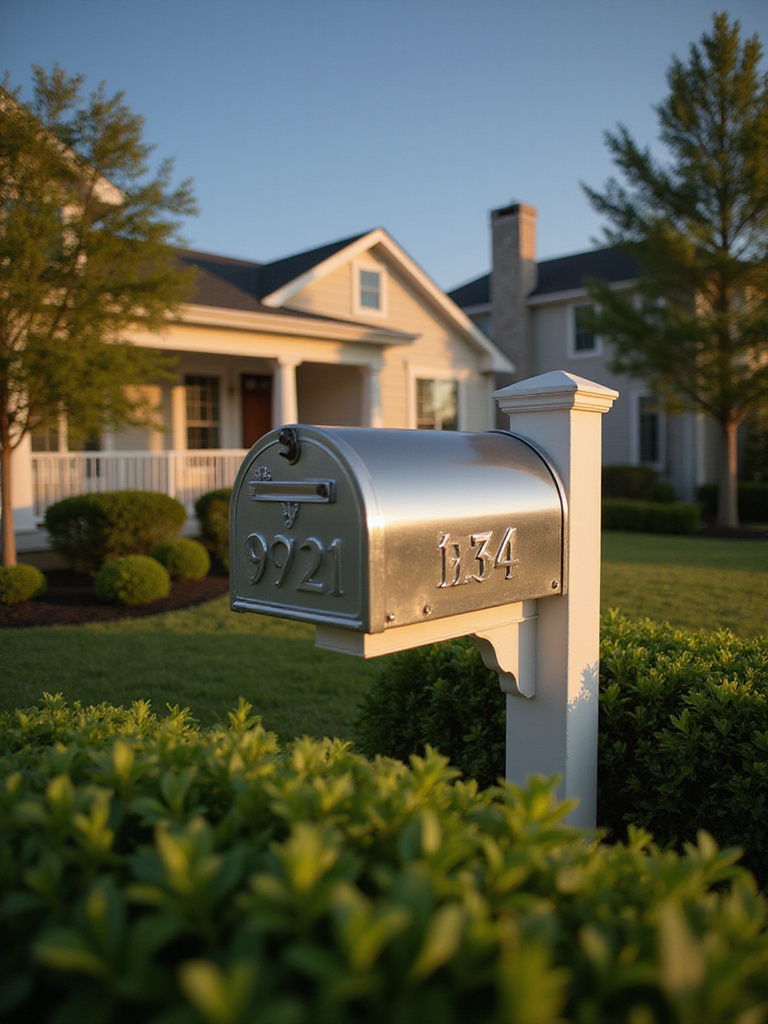 Updated mailbox and house numbers enhancing curb appeal in a beautifully landscaped front yard