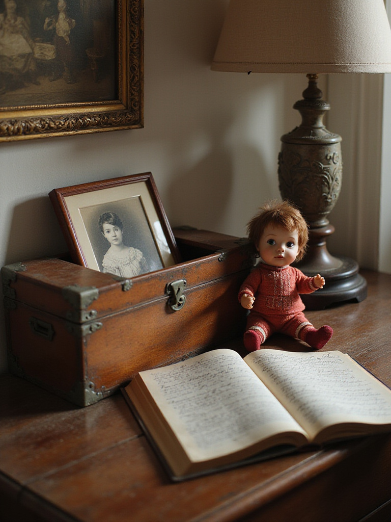A bedside table displaying sentimental items including a vintage wooden chest, family photo album, and childhood toy.