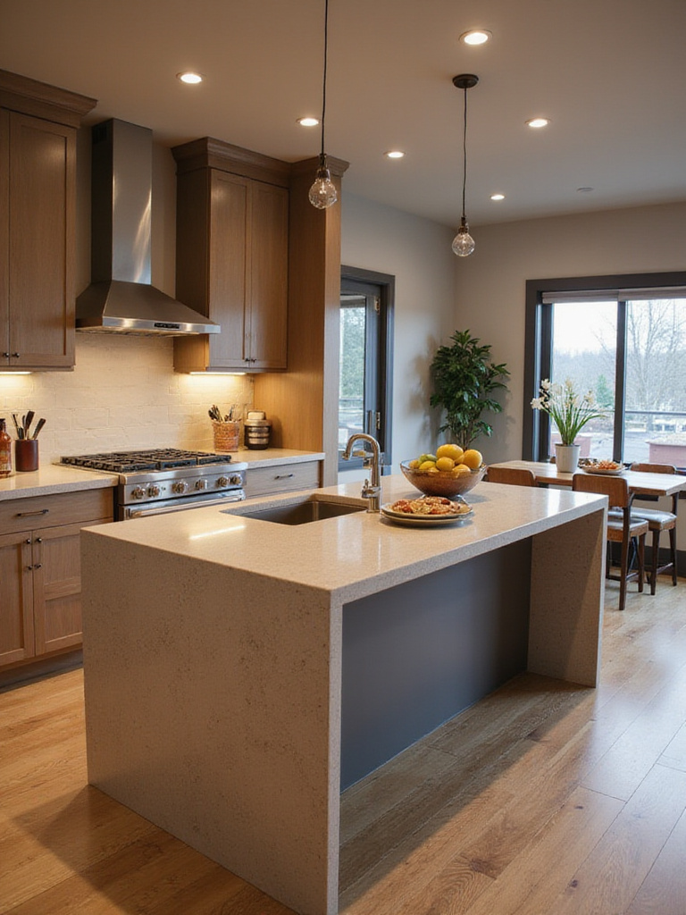Multi-functional kitchen space showcasing adaptable zones and warm lighting