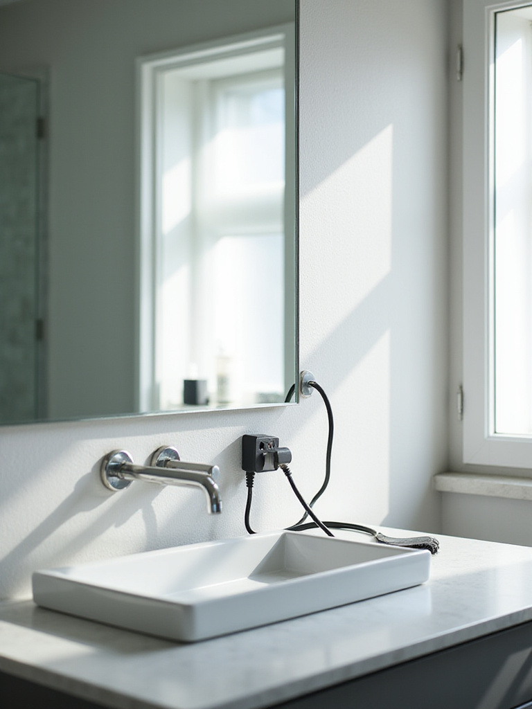 Well-planned bathroom mirror area with visible electrical wiring and outlets