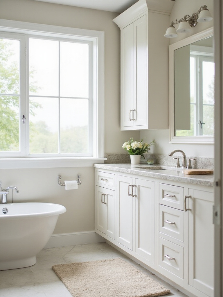 Cost-effective bathroom cabinet design showcasing semi-custom shaker-style cabinets.