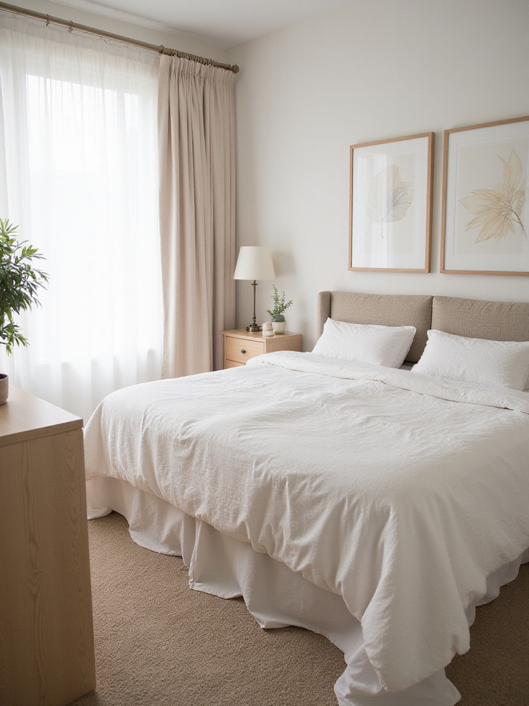 Serene bedroom with a clutter-free furniture environment, featuring a neatly made bed and organized surfaces.