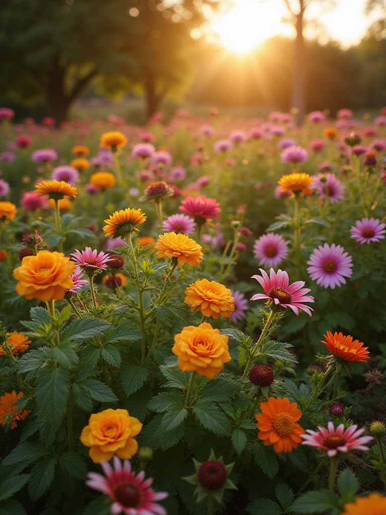Vibrant flower garden in full bloom with colorful flowers and lush greenery