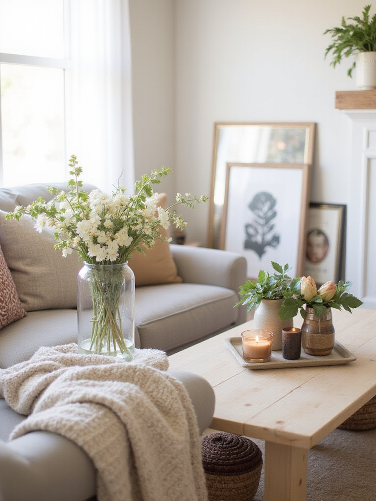 Living room with seasonal decor accents, showcasing neutral tones and swappable items.
