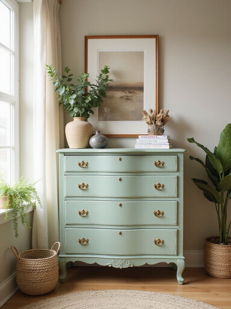 Vintage dresser in a cozy bedroom setting with natural lighting
