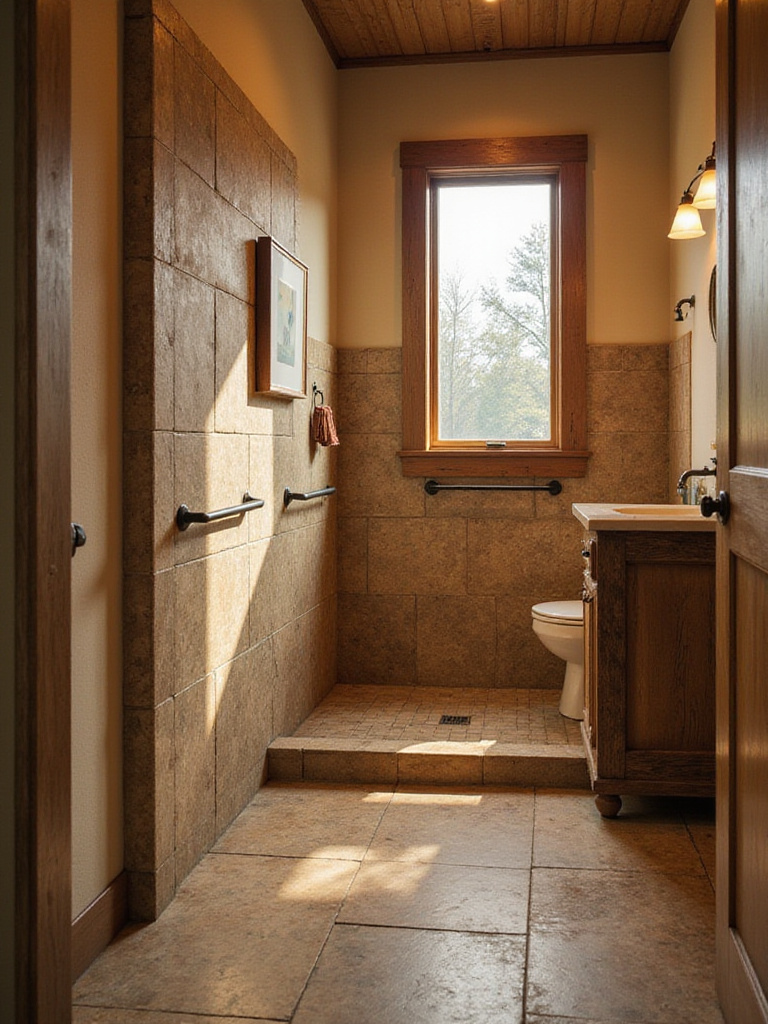Rustic bathroom featuring ADA-compliant accessibility features like a curbless shower, stylish grab bars, and a wall-mounted vanity.