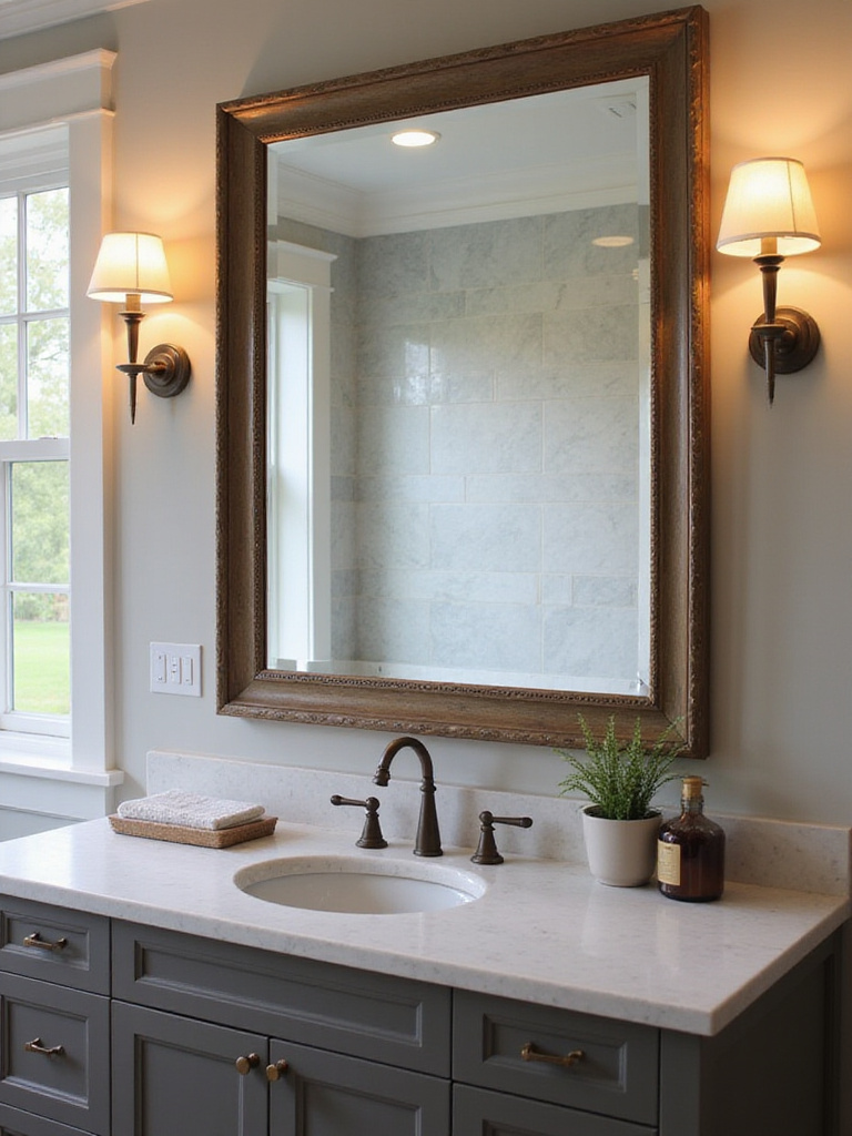 Elegant bathroom with side-mounted sconces providing even illumination around a large mirror.