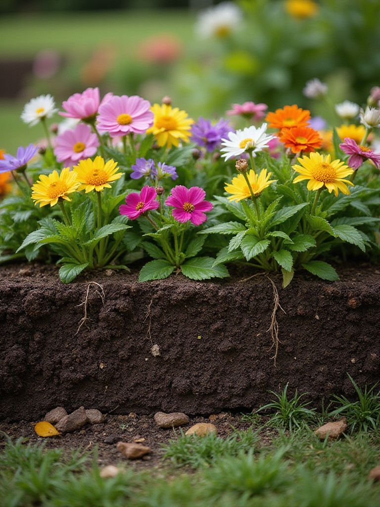 A vibrant flower garden showing correct planting depths with visible root flares and crowns above the soil.