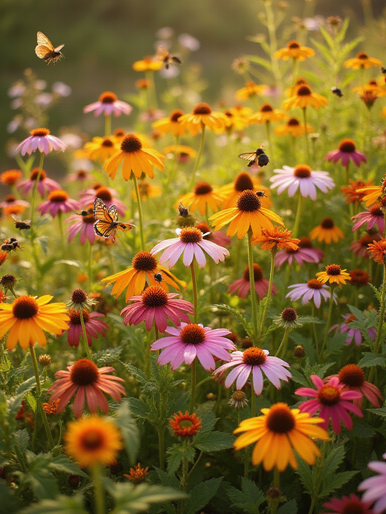A stunning garden filled with various nectar-rich flowers attracting pollinators like bees and butterflies.