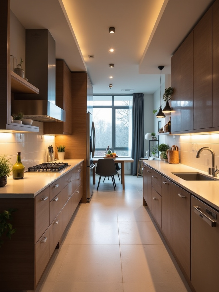 Modern kitchen layout emphasizing ergonomic principles with varied countertop heights and optimized work triangle.
