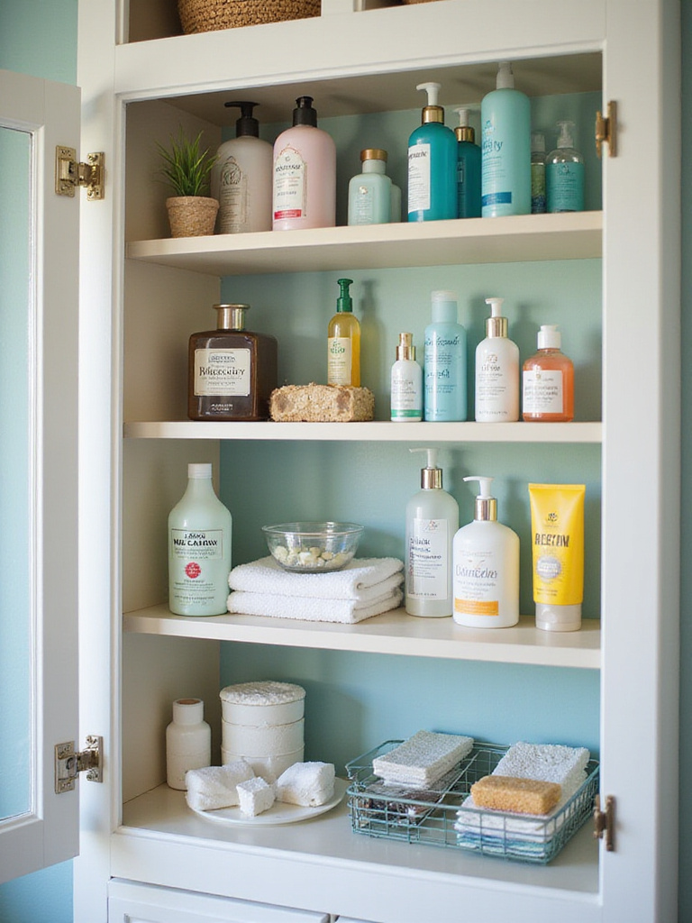Stylish bathroom cabinet featuring easy-clean shelf liners