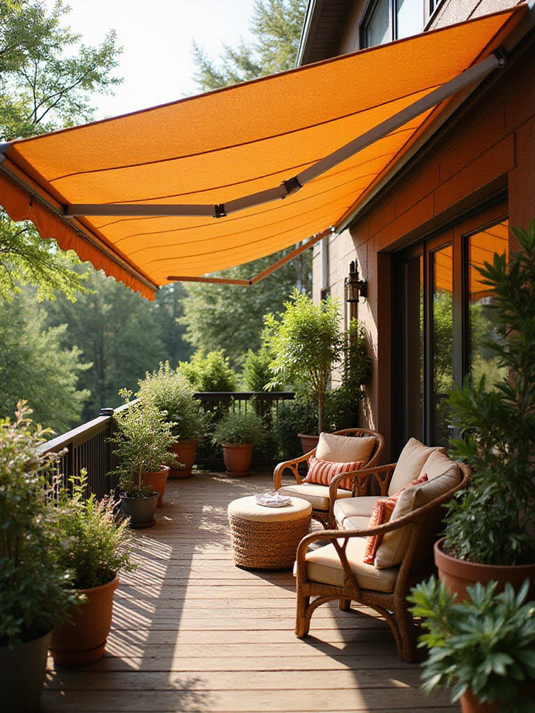 A cozy balcony with a retractable awning extended over a seating area, surrounded by plants.