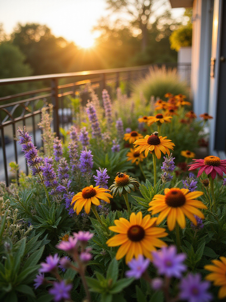 Vibrant balcony garden with bee-friendly flowers in bloom, attracting pollinators.