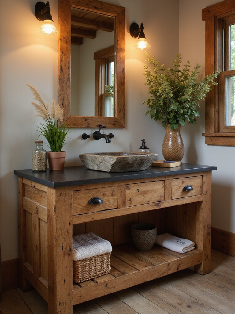 Rustic bathroom with reclaimed wood vanity and river stone sink