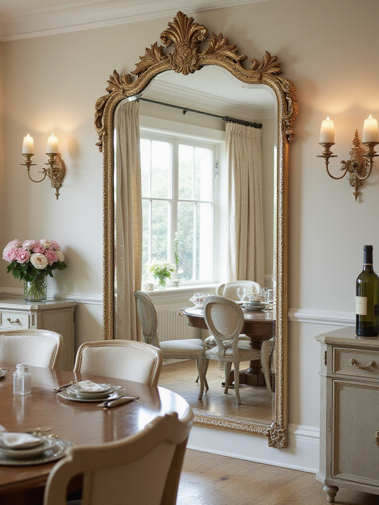 Dining room featuring a large mirror reflecting light and decor, enhancing the space.