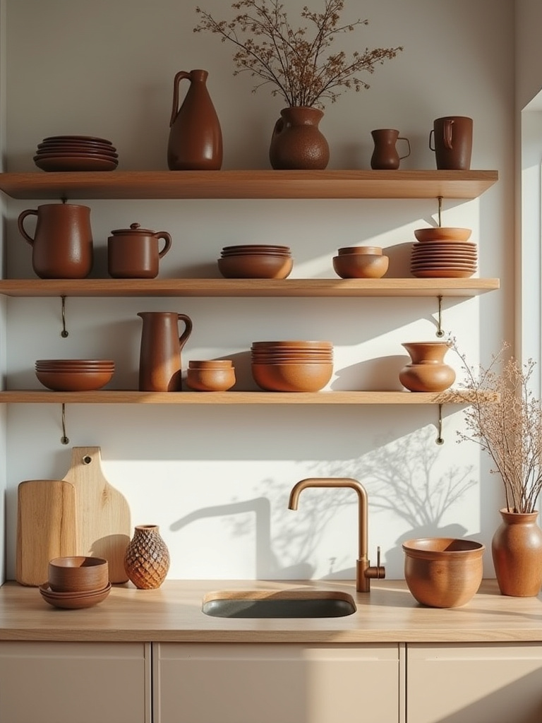 Open shelving in a modern kitchen styled with brown-toned decor