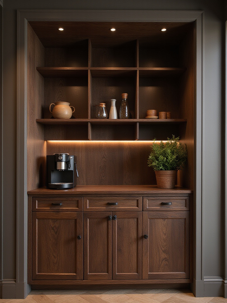 Cozy coffee bar nook in rich brown tones with espresso machine and decorated accessories