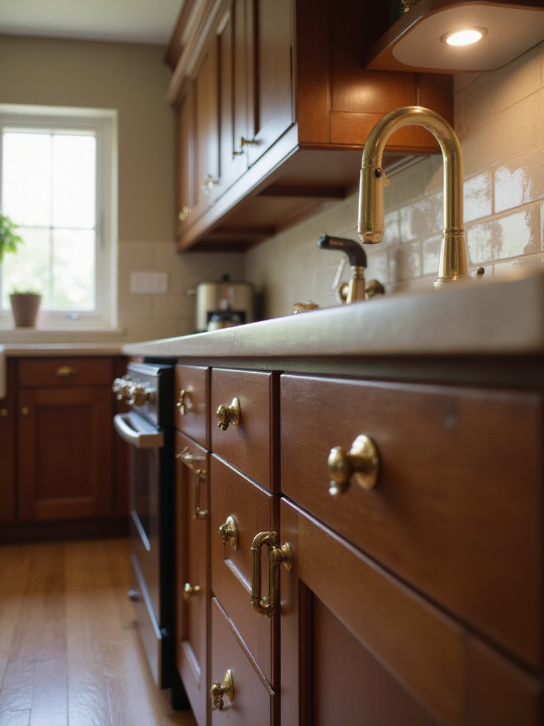 Brown kitchen with brass hardware on cabinets and drawers, emphasizing luxury and elegance.